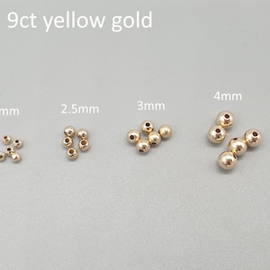 9Ct 9K solid yellow gold round beads, light weight 2mm 2.5mm 3mm 4mm plain seamless spacer smooth beads, solid gold jewellery findings