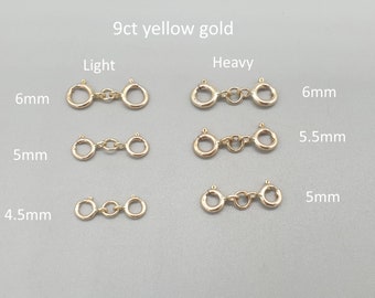9Ct Yellow Gold Two Spring Clasp Connector Extender, Light or Heavy Extension Safety Clap for Chain, 9K 375 Solid Gold Bolt Ring Replacement