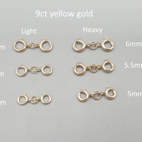 9Ct Yellow Gold Two Spring Clasp Connector Extender, Light or Heavy Extension Safety Clap for Chain, 9K 375 Solid Gold Bolt Ring Replacement