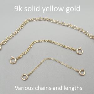 9Ct 9K yellow gold two clasp safety chain / extender, 1" 1.5" 2" 2.5" 3" light standard heavy weight extension connector chain, solid gold