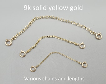 9ct Yellow Gold Two Clasp Safety Chain Extender, 0.5&quot; to 4&quot; Extension Connector Chain for Bracelet Necklace, 9K 375 Solid Gold Trace Chain