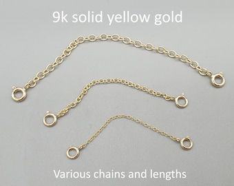 9Ct 9K yellow gold two clasp safety chain / extender, 1" 1.5" 2" 2.5" 3" light standard heavy weight extension connector chain, solid gold