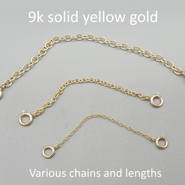 9Ct 9K yellow gold two clasp safety chain / extender, 1" 1.5" 2" 2.5" 3" light standard heavy weight extension connector chain, solid gold