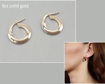 9ct 9k Solid Yellow Gold Hoop Earrings, High Polished Flat Wide Tube Hoops 14mm 0.7g, Shiny small hoops, 1 pair