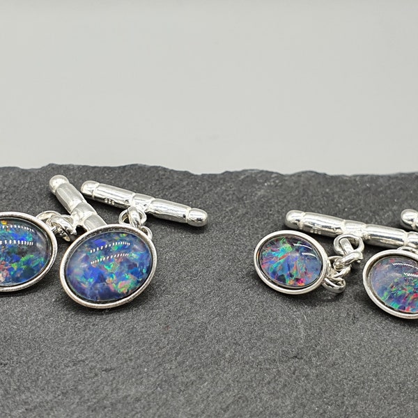 925 Sterling Silver natural black opal triplet cufflinks, A+ Natural multi flashing Australian opal, unisex men's gift jewellery accessories