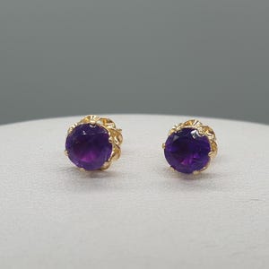 9Ct Yellow Gold Amethyst Stud Earrings, Natural stones 5mm Ornate Studs, 9K 375 Solid Gold Jewellery Gift, February Birthstone