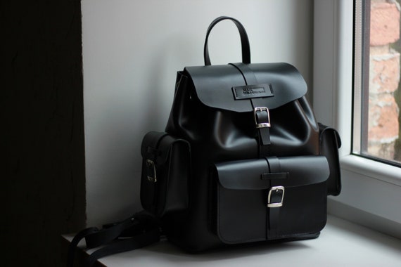 etsy black leather backpack