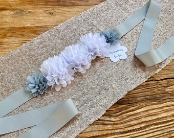 Baby Shower Floral Bump Sash, Mum to Be, Silver Ribbon with White and Grey Flowers, FREE UK SHIPPING