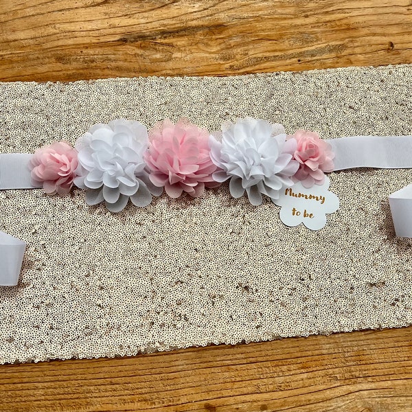 Baby Shower Floral Bump Sash, Mum to Be, White Ribbon with Baby Pink and White Flowers, FREE UK SHIPPING