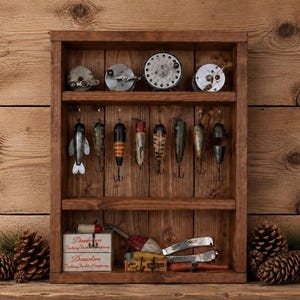 ceiling fishing tackle box shelf Ahomiwow Rod Holder Pole Vertically Horizontally Rack Overhead Storage Hooks Hanger Keeper Metal Organizer Display Wall Mounted Stores Holds up to 16 Rods Racks for Garage Basement : Sports fully rigged fishing rods up to 8 long Rustic Wood Fishing Lure Display