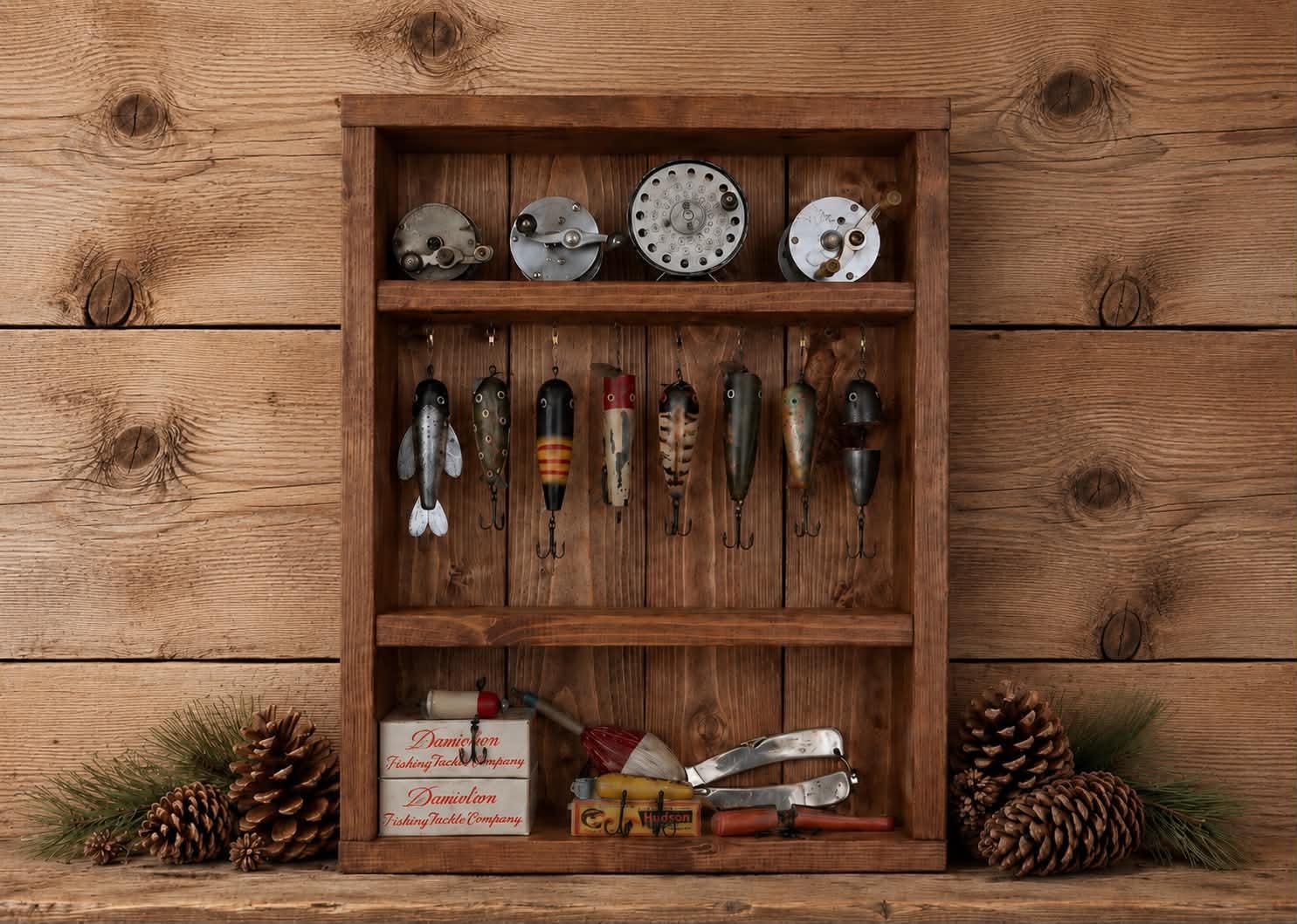 fishing tackle shadow box Ibnotuiy Wall Cabinet Lures Storage Display Case Each piece has been hand carved and hand painted with great attention to details Hobby Lobby Wooden Fishing Boat