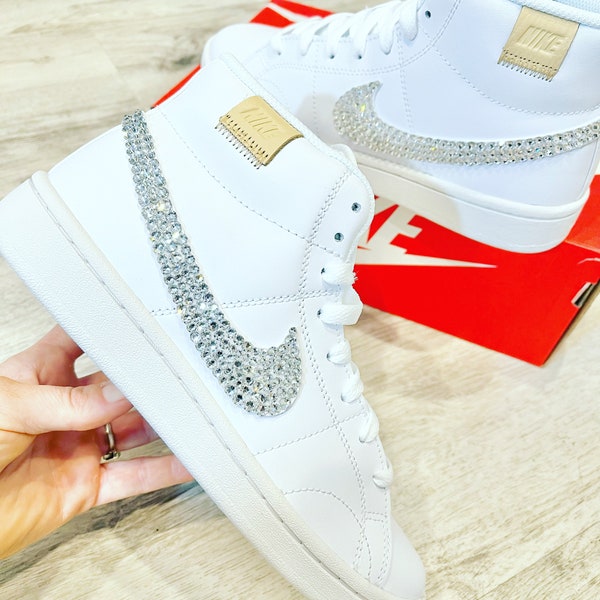 White Nike Court Royale Custom Shoes with Swarovski crystals