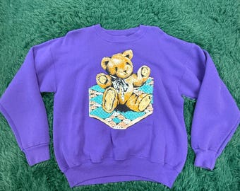Jaren 90 paarse LEE teddybeer vakantie groot sweatshirt Heavy Duty Unisex