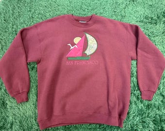 Suéter acogedor de San Francisco, California - Cuello redondo burdeos intenso - VTG Jersey urbano de los 90