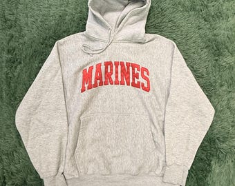 Vintage PRO-WEAVE Marines USMC pullover hoodie sweater grijs rood geborduurd M