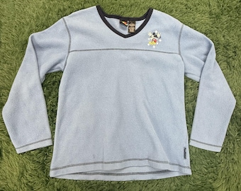 Vintage 90s Mickey Unlimited Fleece V-Neck Pullover Top Women's Large Light Blue