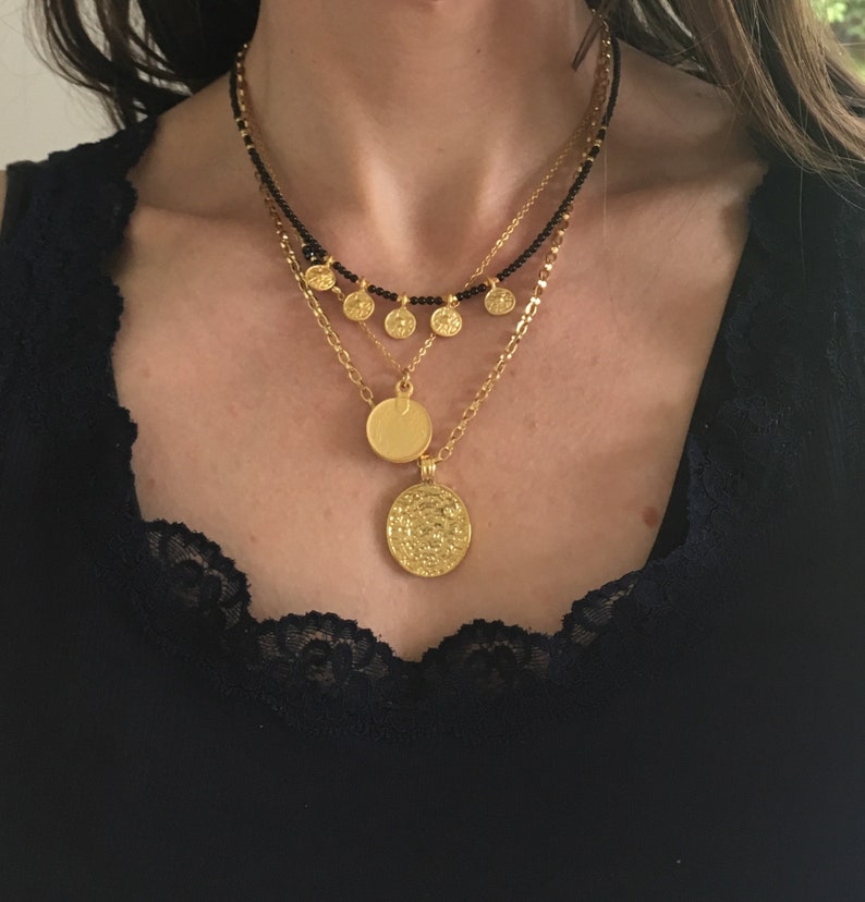 black Beaded disc necklaceblack onyx necklaceBoho necklaceLayering necklaceBeaded gold coin necklaceBoho jewelryStatement necklace