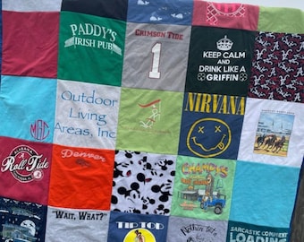 May include: A patchwork quilt made from a variety of t-shirts. The quilt is made up of 16 squares, each with a different design. Some of the designs include the words "Paddy's Irish Pub", "Crimson Tide", "Keep Calm and Drink Like a Griffin", "Nirvana", "Roll Tide", "Denver", "Wait, What?", "Tip Top Grill", "Nothin' But a Gangsta Party", and "Sarcastic Comment Loading Please Wait".