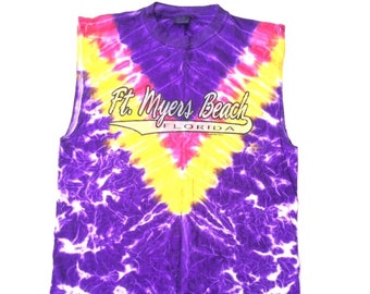 Vintage Ft Myers Beach Tie Dye Tank Top – Purple, Pink, Yellow 90s Cotton Medium