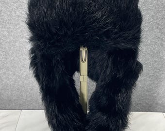Vintage Y2K Mad Bomber Aviator Black Hat Dyed Rabbit Fur Trapper Winter