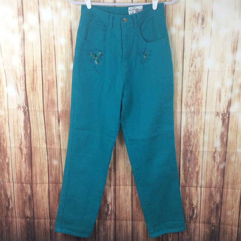 Vintage High Waist Jeans, Straight Leg Tapered Cut Teal Blue Green