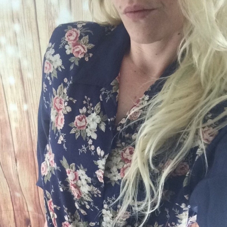 Vintage 90s Multicolored Floral Print Blouse with Solid Blue Long Sleeve Button Up Shirt