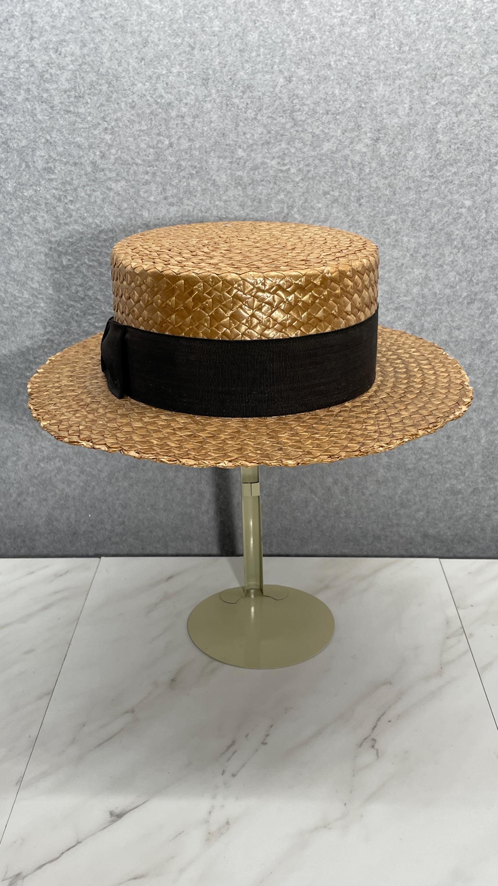 Vintage Green Boater Hat w/Black Grosgrain Ribbon | Wide Brim M/L Made Taiwan Moz moz paper blade boater hat main image 3