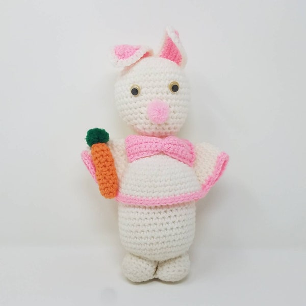 Vintage Hand Knit Stuffed Animal Buny Rabbit,Holding Carrot Wearing Poncho, Unique Quirky Find Easter Collection