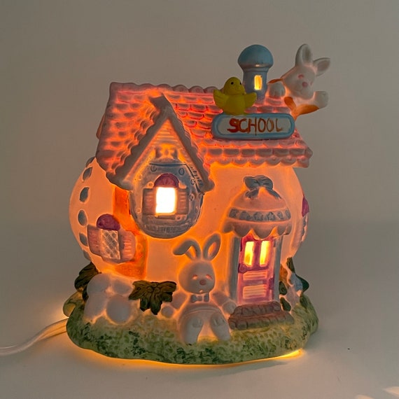 Vintage Porcelain Easter Egg With Bunny School House Lights  Vtg 3 Spring Easter Egg Bunny Village Porcelain Light Up Buildings Enesco W/Cord main image 0