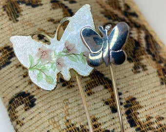 Vintage Butterfly Stick Pin: White Flowers, Gold Tone, Bonus Silver Pin