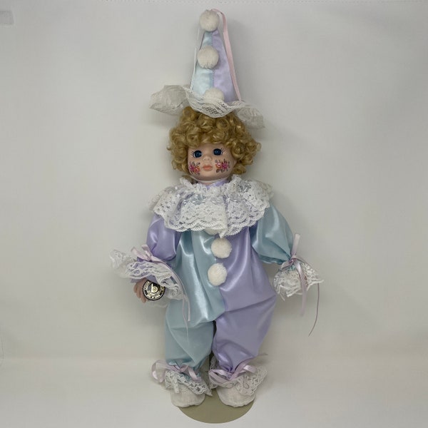 Vintage Porcelain Clown Doll Brinns 1990 Lavander/Light Blue Outfit Collectible