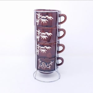 Vintage 2000’s Stacking Brown with Cream Flower Small Coffee Teacups with Stand