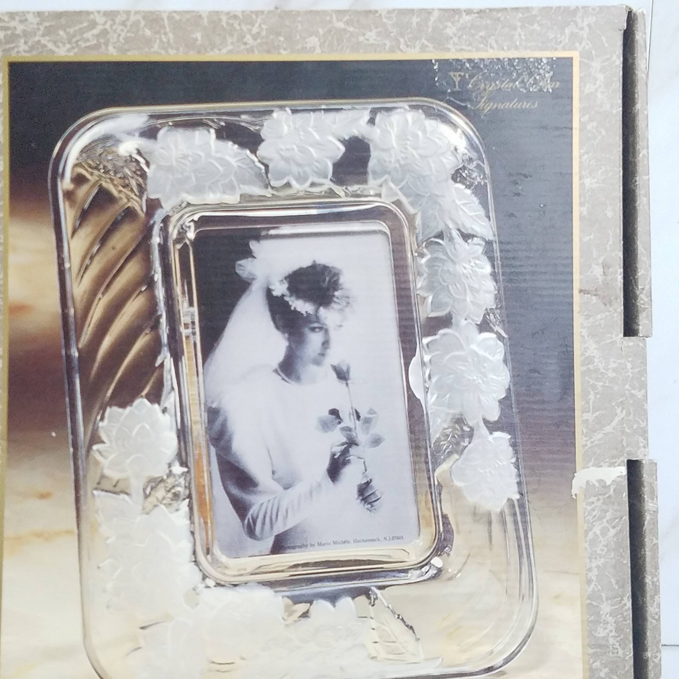 Vintage Crystalclear Signature Picture Frame New Open Box Rectangular Frosted Floral Design