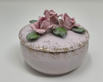 Vintage Lefton Pink Porcelain Trinket Bowl Roses Design with Lid Hand Painted Gold Accents