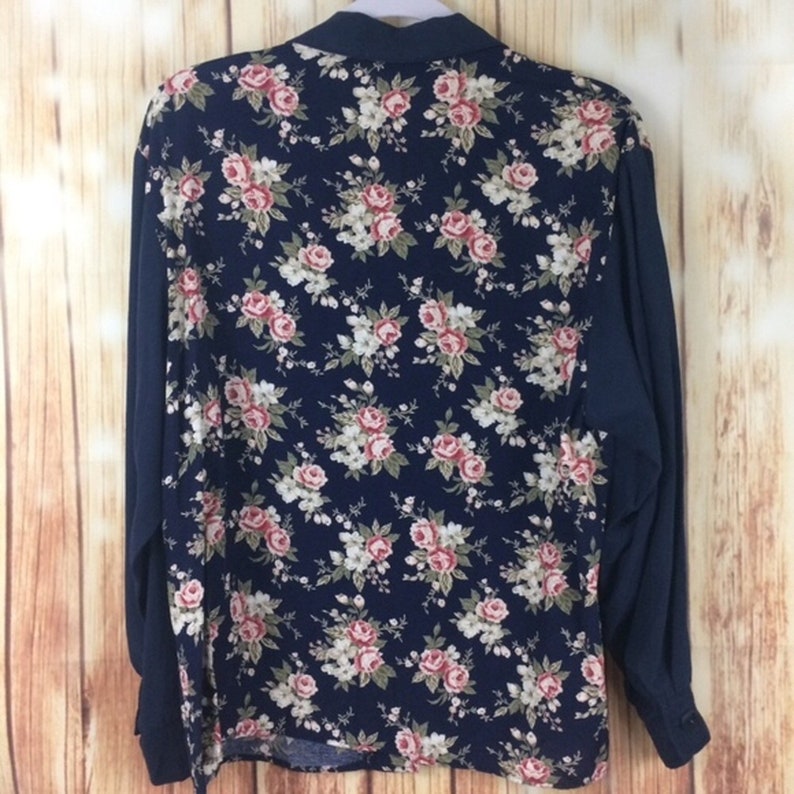 Vintage 90s Multicolored Floral Print Blouse with Solid Blue Long Sleeve Button Up Shirt