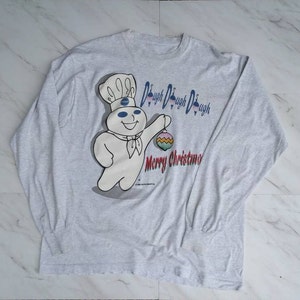 90s Vintage Rare Find Pillsbury Dough Boy Merry Christmas Long Sleeve, Well Worn, Cozy Light Gray Shirt