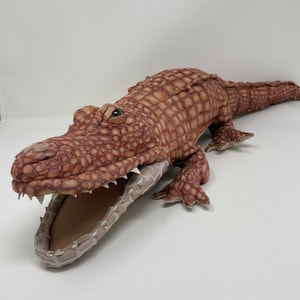 May include: A brown plush alligator toy with a textured, scaly body and an open mouth. The alligator has a light brown underbelly and green eyes.
