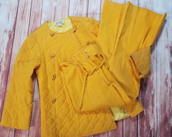 Vintage 70s Glenora Jr&#39;s LTD Solid Yellow Pants Set 2 Piece With Button Jacket Made In The USA