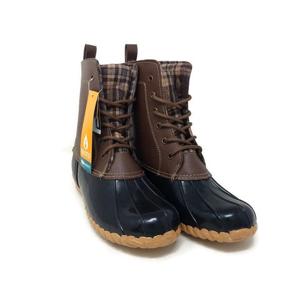 Sporto Duck Winter Boots Shoe 9M Brown Leather Plaid Snow Boot Lace Up Faux Fur