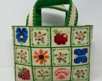 Vintage Rare Design Nature Handmade Needle Point Purse, Cream Green Nature Ecology Design, Butterfly Flowers Apples Strawberries