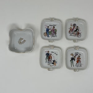 Vintage Square Porcelain Ashtrays Victorian Couple 5-Piece Art Deco Stamped 6011