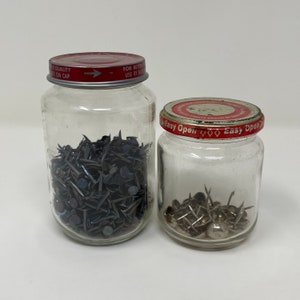 Vintage Glass Jars with Flat Head Nail Metal Button Pins 80s Upholstery Tack Nails Silver Tone