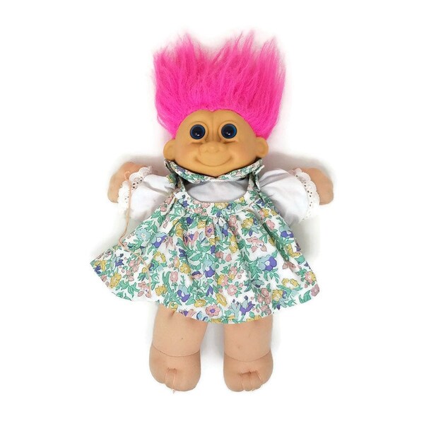 Vintage Jumbo Russ Troll Plush Doll with Pink Hair, Soft Plush Body, in a Floral Girly Dress