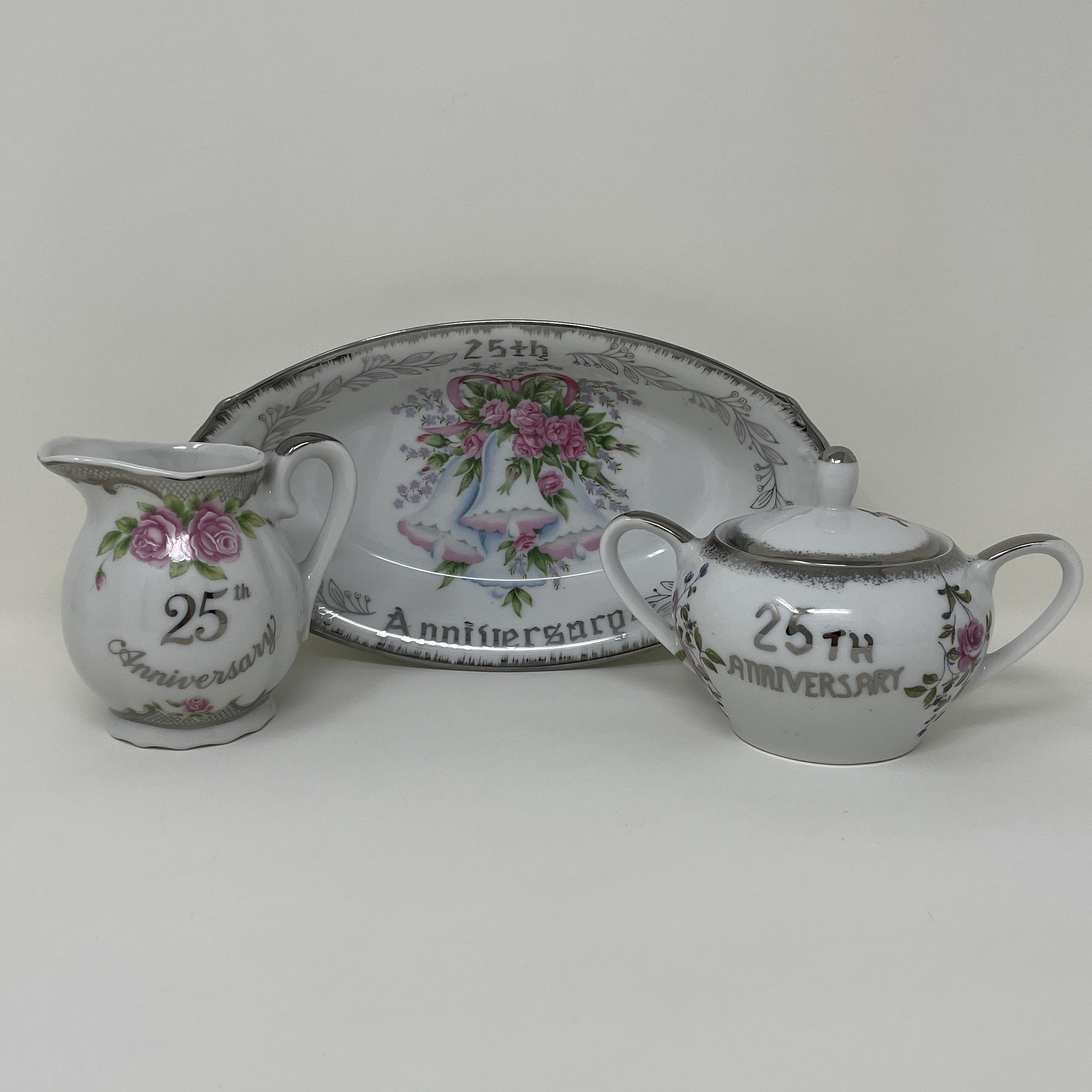 Vintage Royal Crown Lefton 25th Anniversary Plate, Sugar Bowl & Creamer
