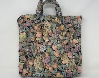 Vintage Floral/Fruits Grandma Core Tapestry with Pockets Handled Tote Bag 80s