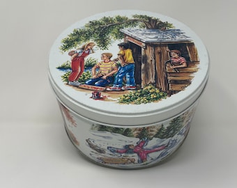 Vintage Collector Metal Tin Canister Boys Club No Girls Allowed, Four Seasons Water Color Art Design