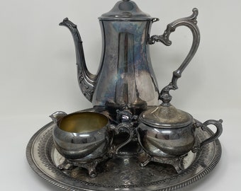 Antique WM Rogers 800 Silver Plate Footed Victorian Coffee Tea Pot, Creamer and Sugar Bowl and Serving Plate Set