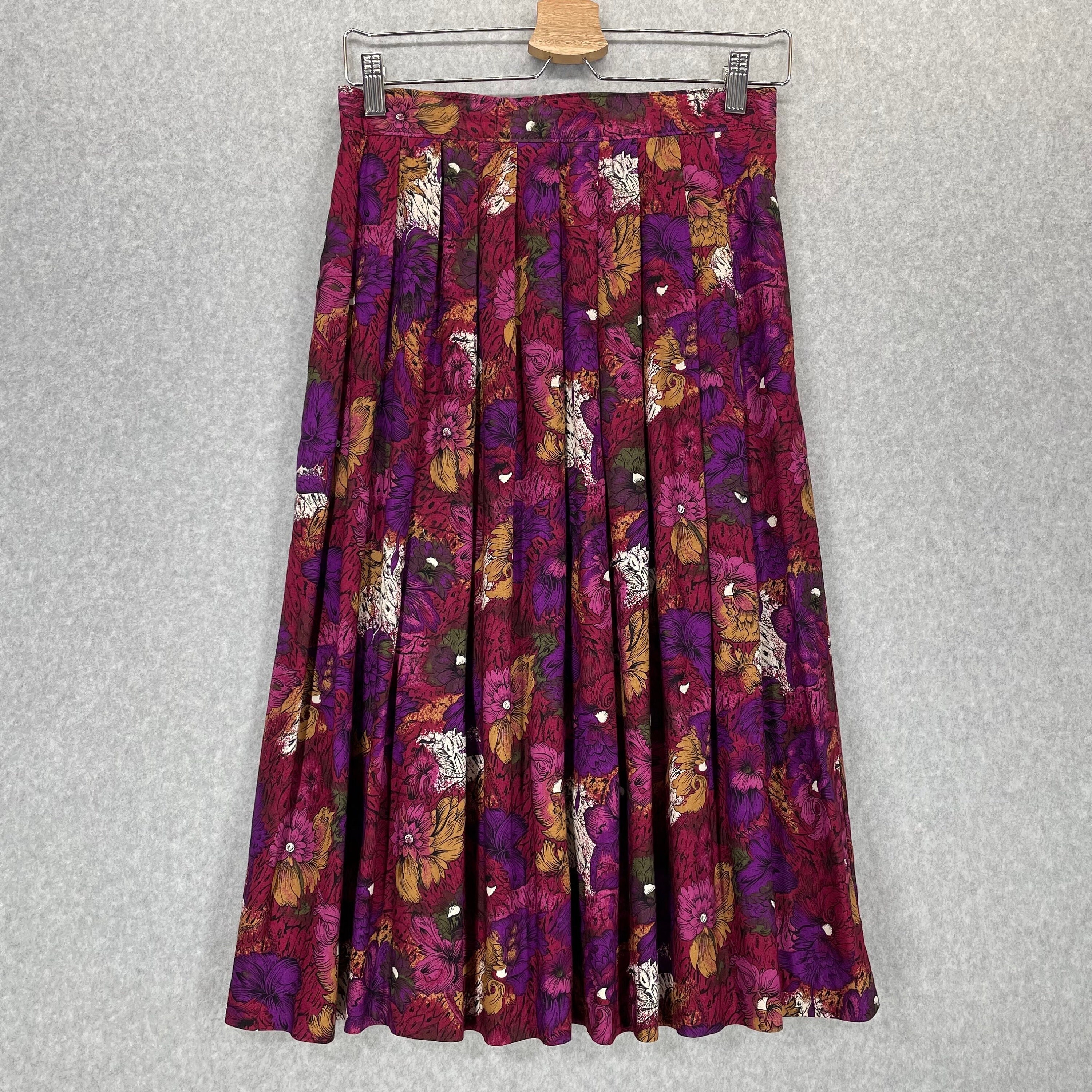 Vintage 90s Pleated Floral Multicolor Print Midi Skirt