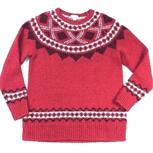 Suéter J Jill acogedor para clima frío con estampado Fair Isle en rojo y negro, tejido de manga larga
