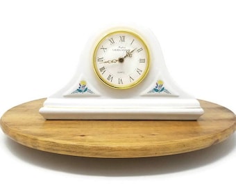Vintage Laura Ashley Porcelain White Pink Yellow Multi Color Floral Mantel Quartz Clock